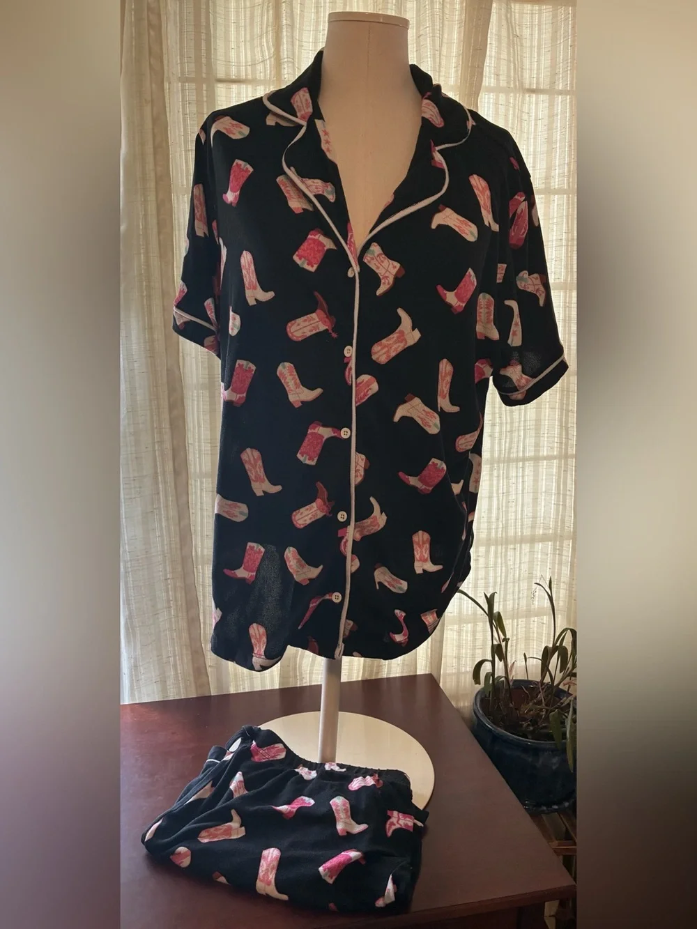 Olivia Sky Black Cowboy Boot Print Pajama Set - Picture 1 of 5